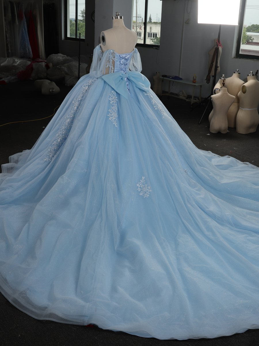 Glamorous Sparkly Light Blue Quinceanera Dress Ball Gown Off Shoulder Long Sleeves Lace Up Sweet 16 Dress - Image 6