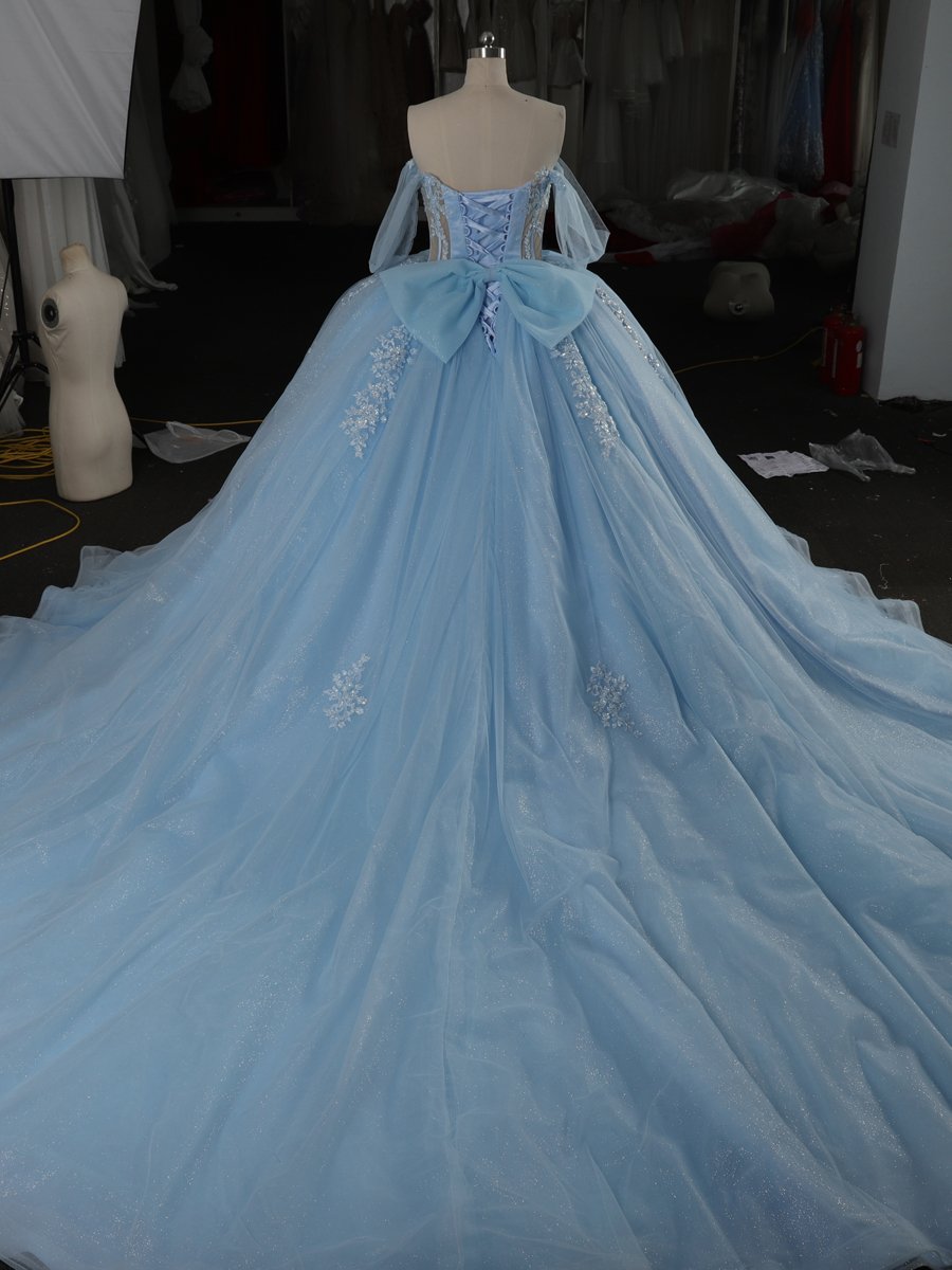 Glamorous Sparkly Light Blue Quinceanera Dress Ball Gown Off Shoulder Long Sleeves Lace Up Sweet 16 Dress - Image 2