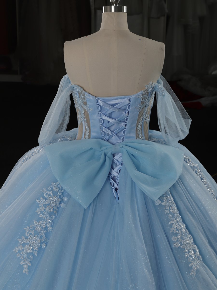 Glamorous Sparkly Light Blue Quinceanera Dress Ball Gown Off Shoulder Long Sleeves Lace Up Sweet 16 Dress - Image 4