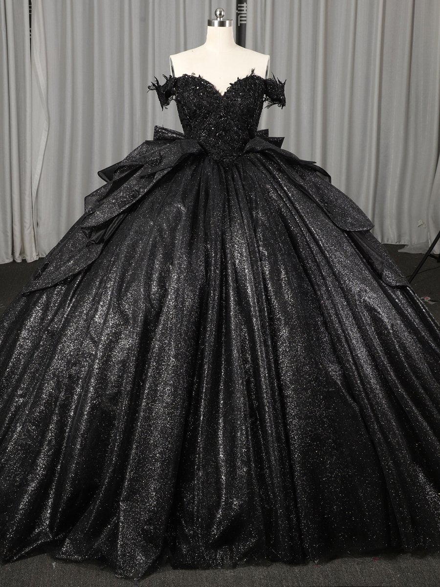Glittering Black Quinceanera Dress Ball Gown Off Shoulder Big Bow Lace Up Sweet 16 Dress