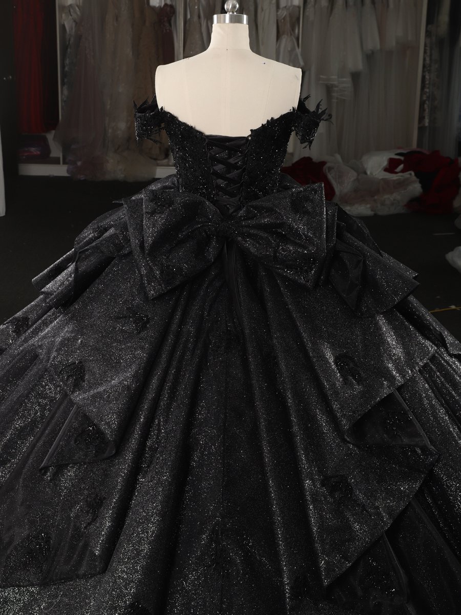 Glittering Black Quinceanera Dress Ball Gown Off Shoulder Big Bow Lace Up Sweet 16 Dress - Image 4