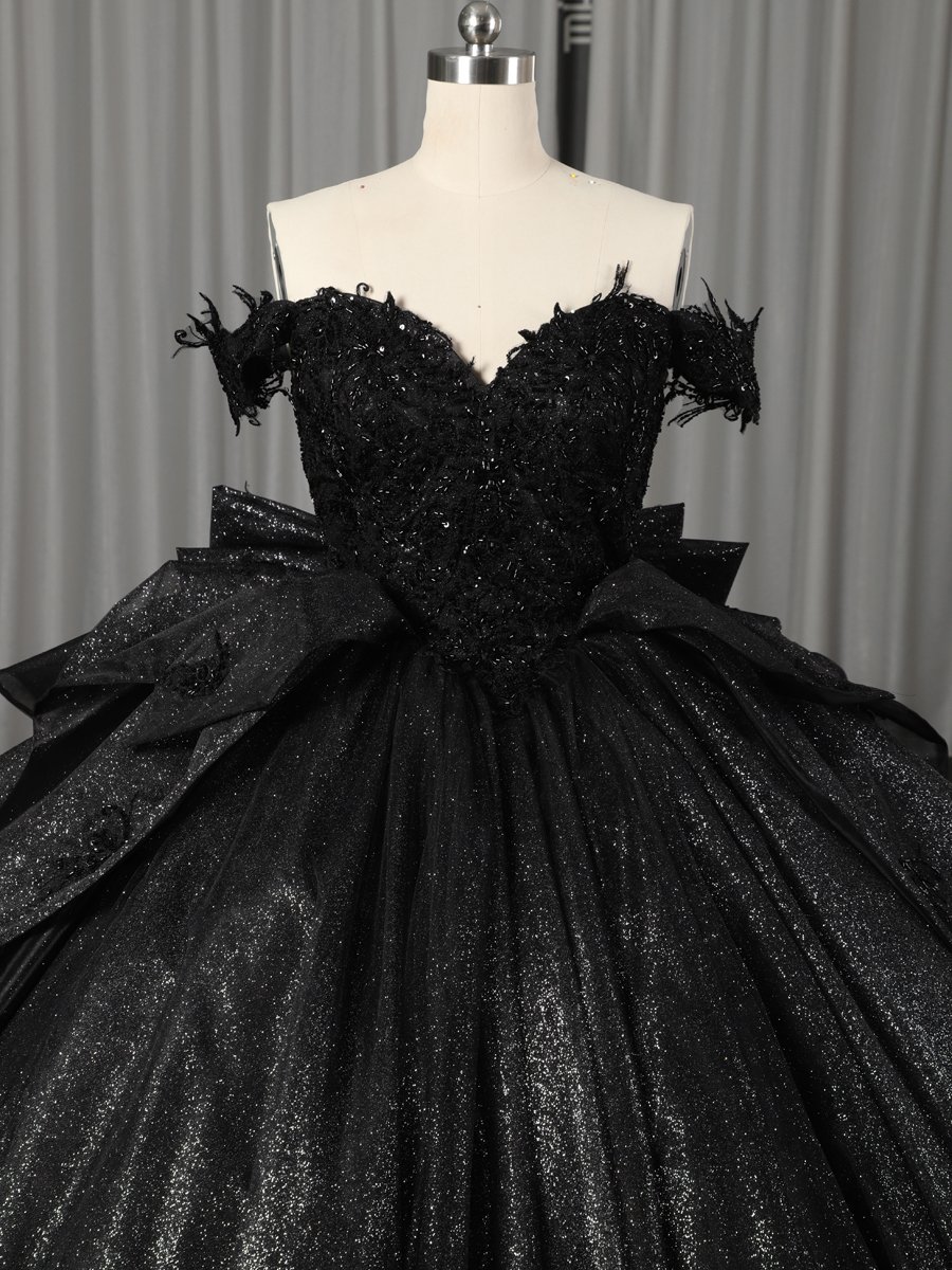 Glittering Black Quinceanera Dress Ball Gown Off Shoulder Big Bow Lace Up Sweet 16 Dress - Image 7