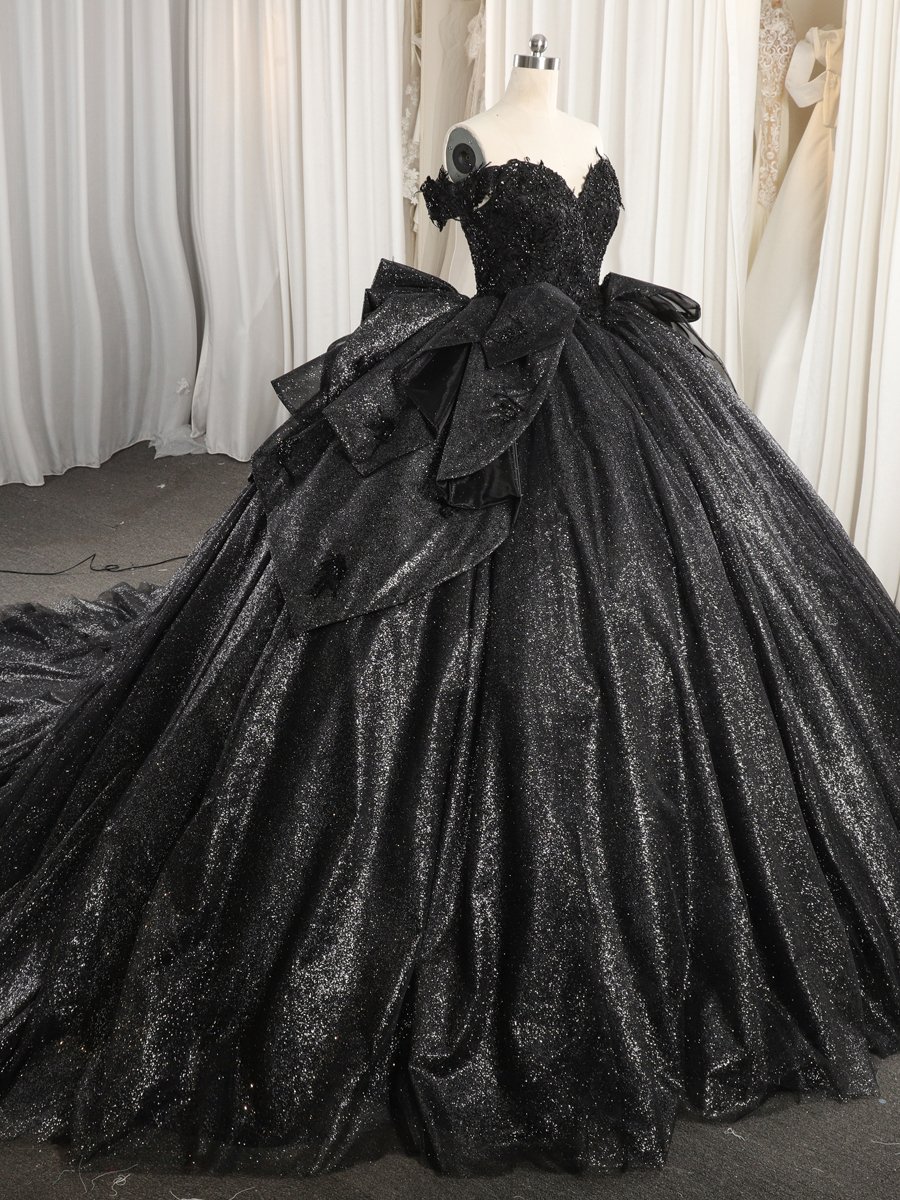 Glittering Black Quinceanera Dress Ball Gown Off Shoulder Big Bow Lace Up Sweet 16 Dress - Image 5