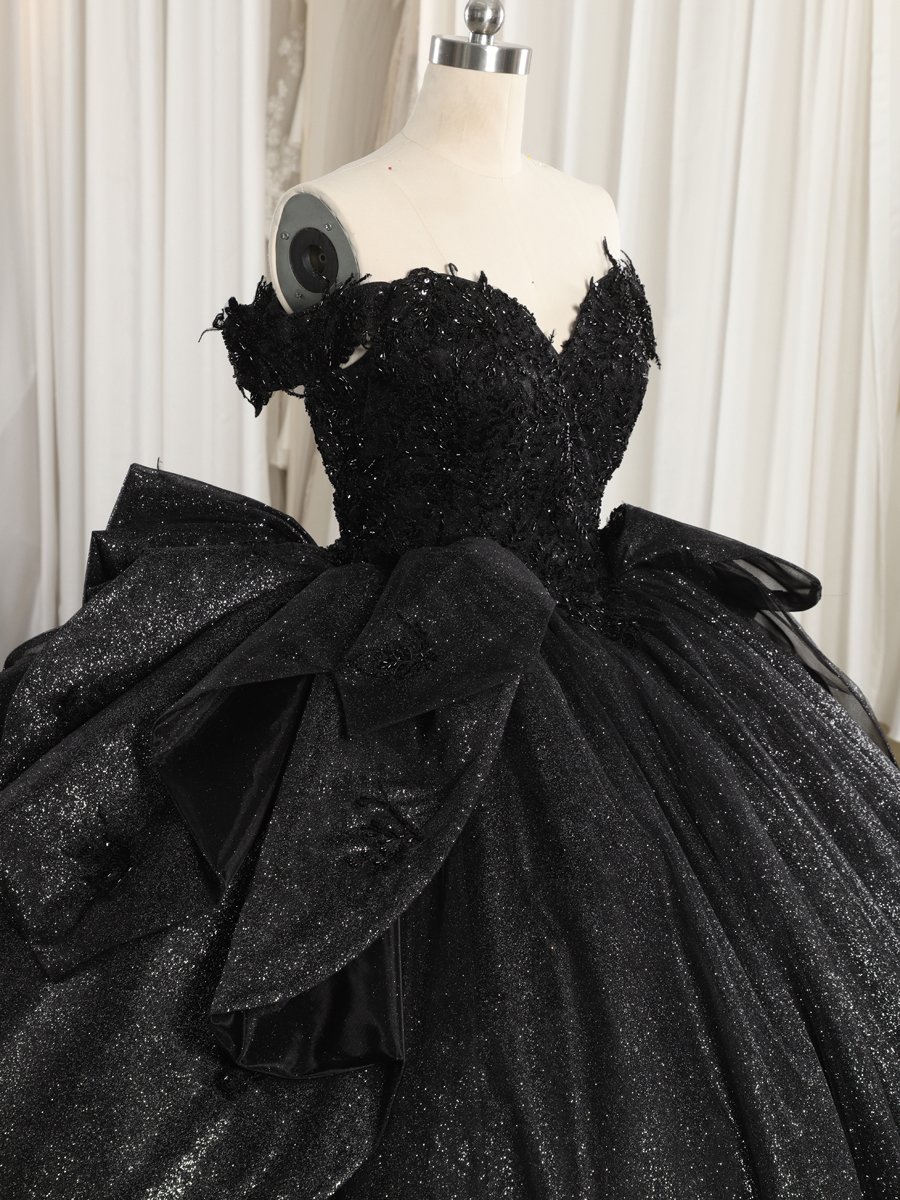 Glittering Black Quinceanera Dress Ball Gown Off Shoulder Big Bow Lace Up Sweet 16 Dress - Image 3