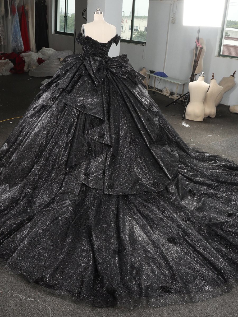 Glittering Black Quinceanera Dress Ball Gown Off Shoulder Big Bow Lace Up Sweet 16 Dress - Image 6