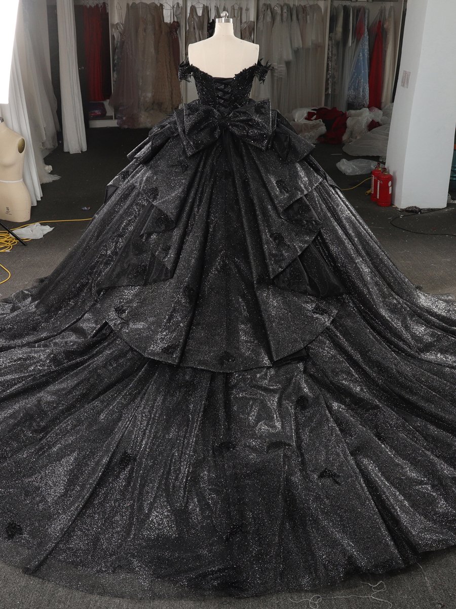 Glittering Black Quinceanera Dress Ball Gown Off Shoulder Big Bow Lace Up Sweet 16 Dress - Image 2