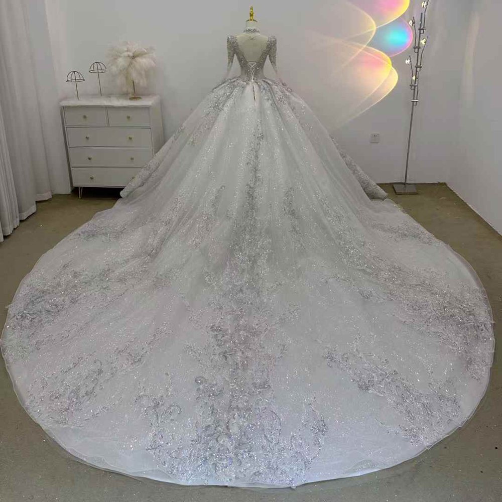 Elegant Ivory Luxury Long Sleeve Wedding Dress Deep V Neck Diamond Ball Gown Cathedral Train Bridal Gown - Image 2