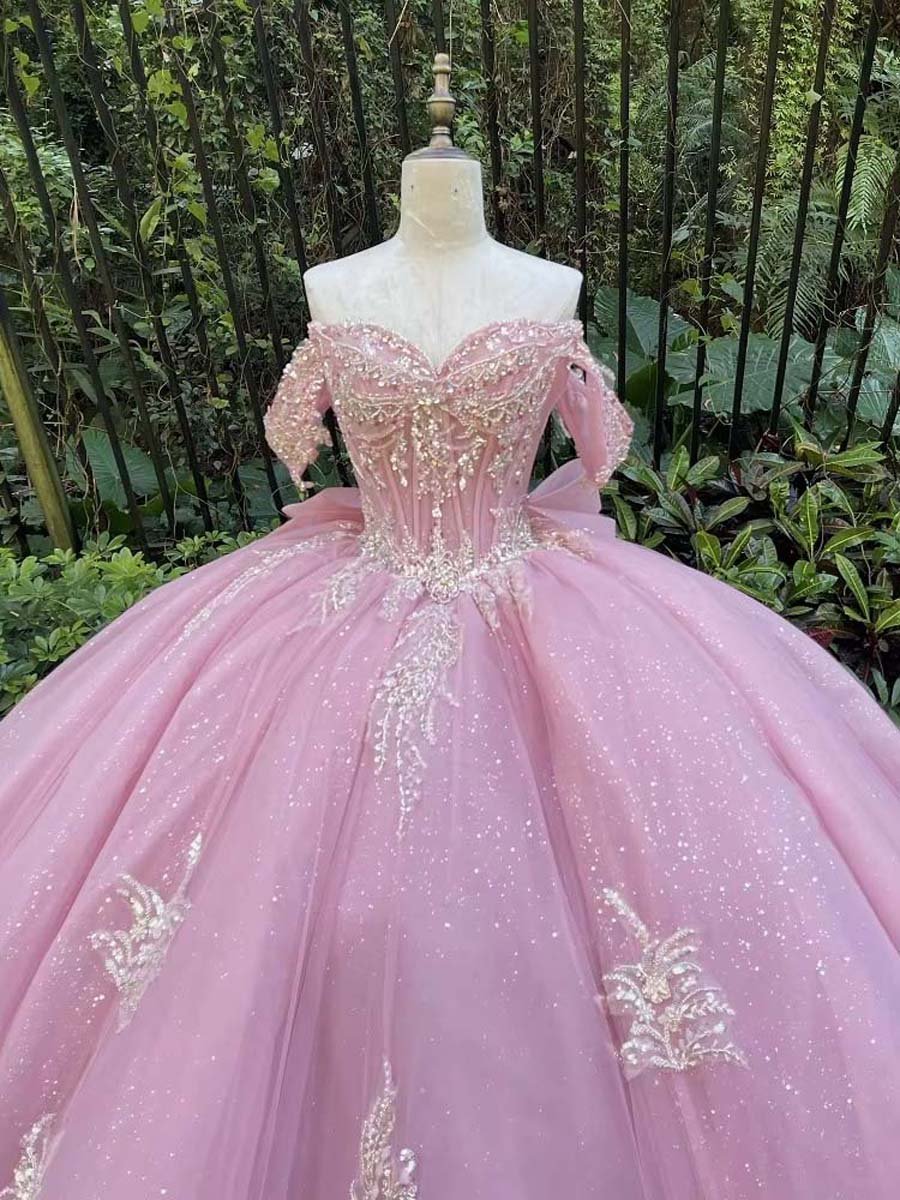 Princess Pink Quinceanera Dress Full Skirt Applique Bow Tie Gown Floor Length Prom - Image 3