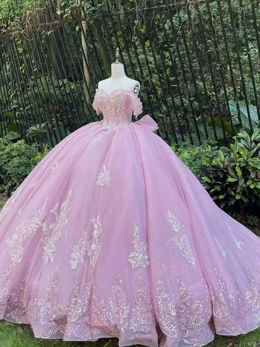 Princess Pink Quinceanera Dress Full Skirt Applique Bow Tie Gown Floor Length Prom - Image 6