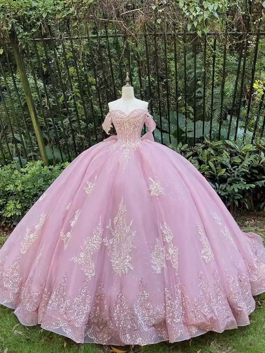 Princess Pink Quinceanera Dress Full Skirt Applique Bow Tie Gown Floor Length Prom