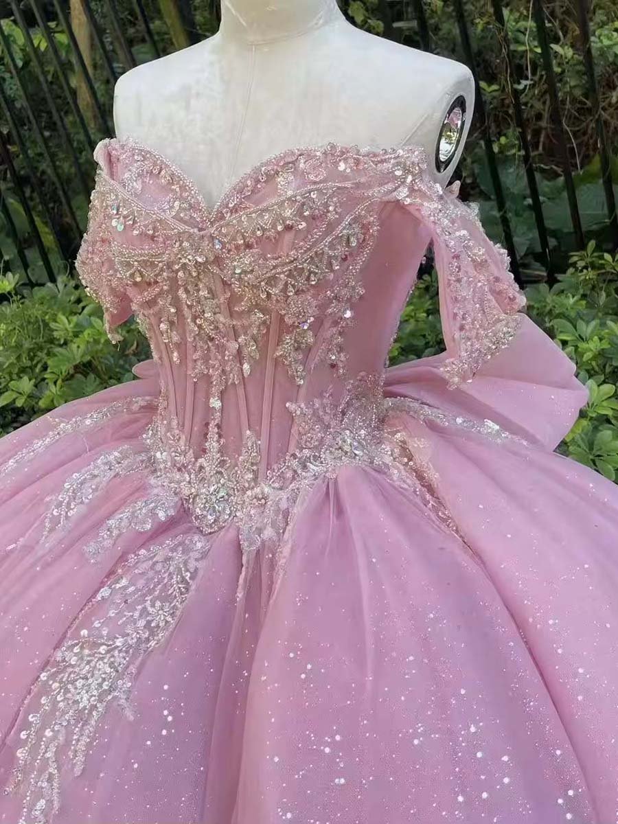 Princess Pink Quinceanera Dress Full Skirt Applique Bow Tie Gown Floor Length Prom - Image 5