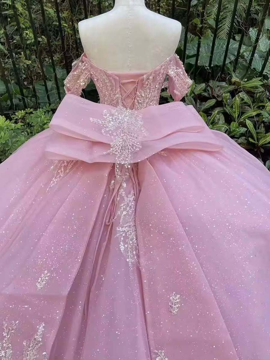 Princess Pink Quinceanera Dress Full Skirt Applique Bow Tie Gown Floor Length Prom - Image 4