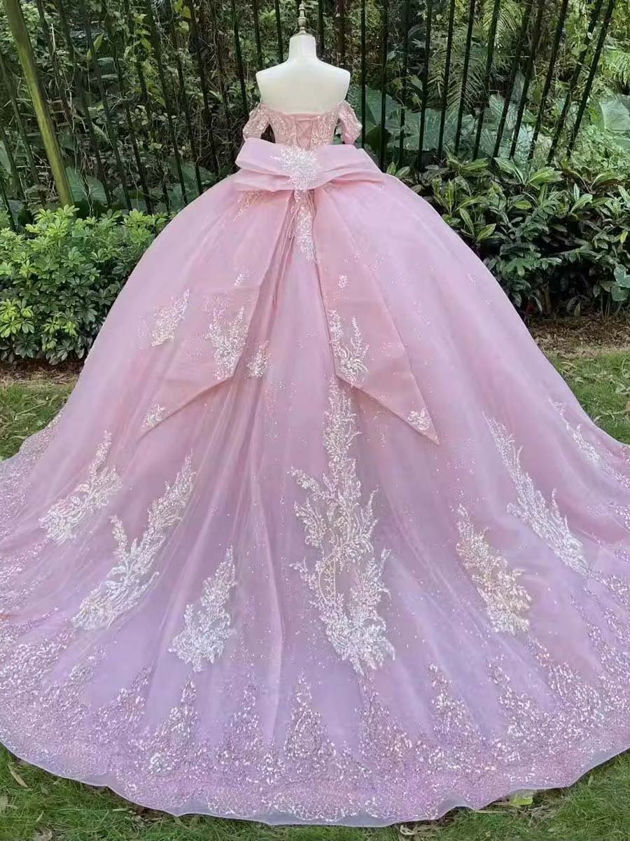 Princess Pink Quinceanera Dress Full Skirt Applique Bow Tie Gown Floor Length Prom - Image 2