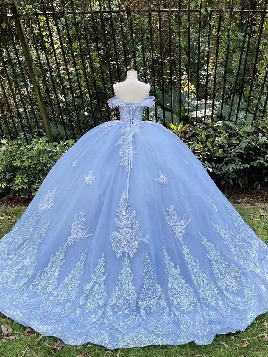 Gorgeous Light Blue Quinceanera Dress Beaded Lace Ruffled Gown Floor Length Sweet Sixteen - Image 2