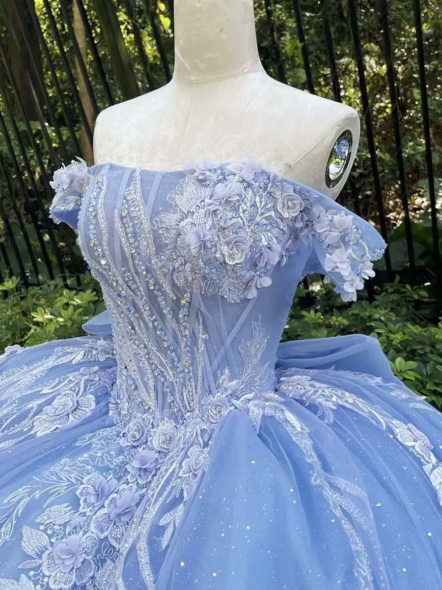 Gorgeous Light Blue Quinceanera Dress Beaded Lace Ruffled Gown Floor Length Sweet Sixteen - Image 6
