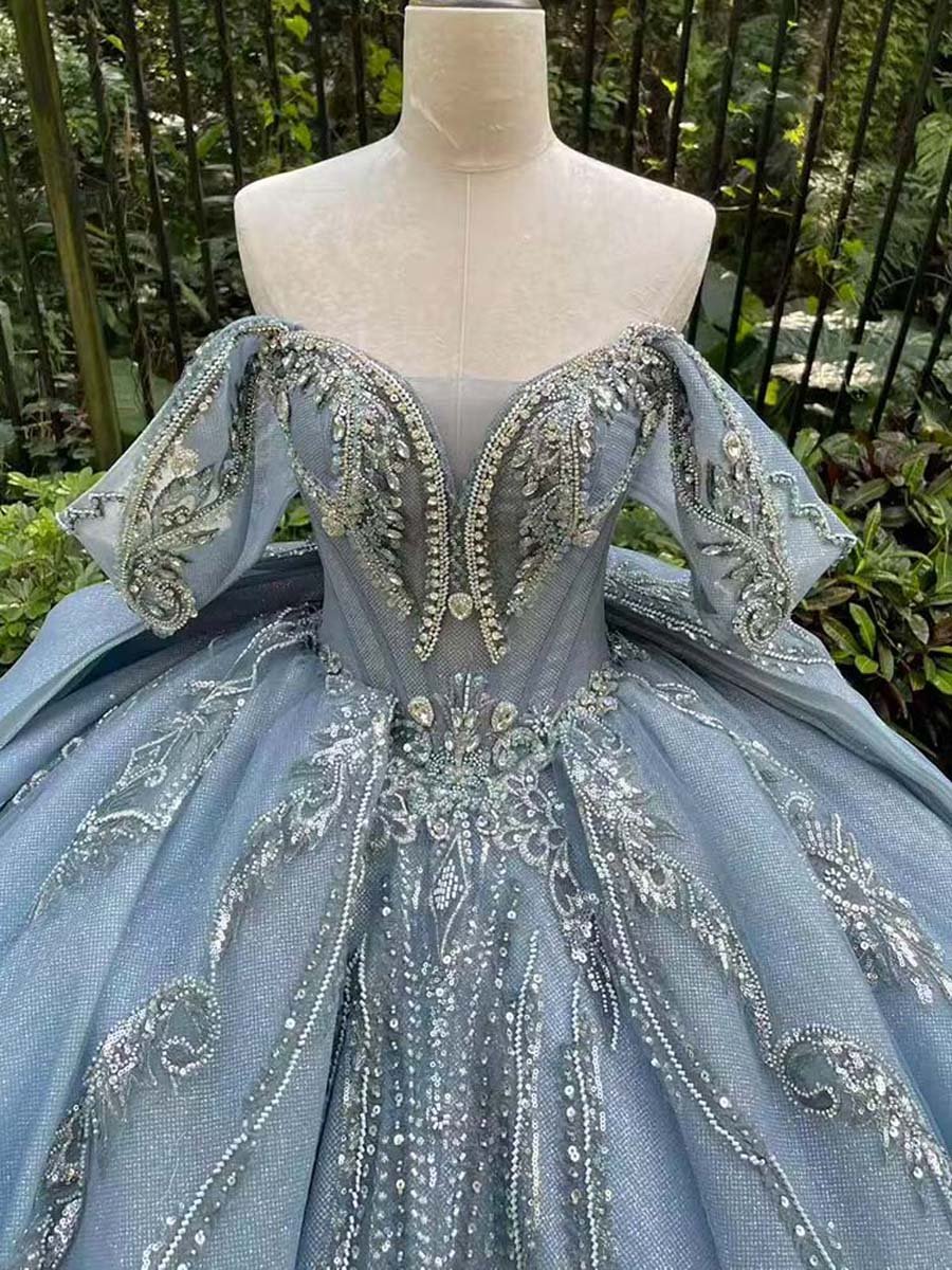Embellished Sky Blue Sweetheart Ball Gown Off Shoulder Corset Back Ruffled Princess Quinceanera Dress - Image 5