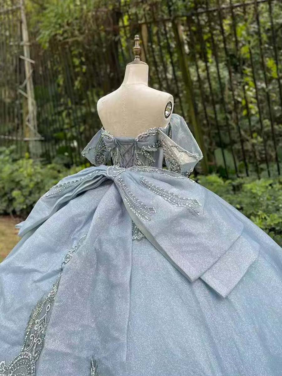 Sparkling Dusty Blue Quinceanera Dress Off Shoulder Glitter Beaded Ball Gown Sweet Fifteen Party - Image 4