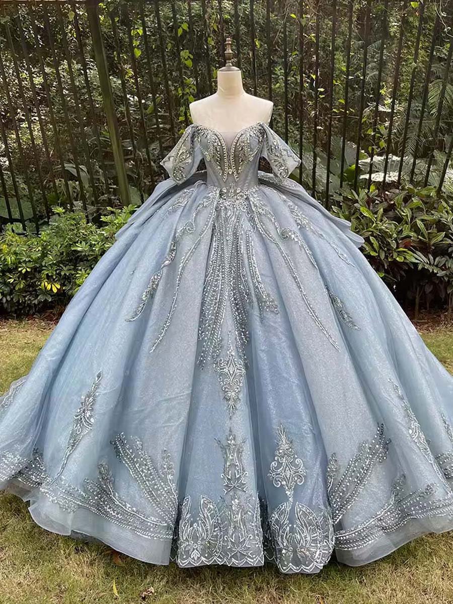 Sparkling Dusty Blue Quinceanera Dress Off Shoulder Glitter Beaded Ball Gown Sweet Fifteen Party