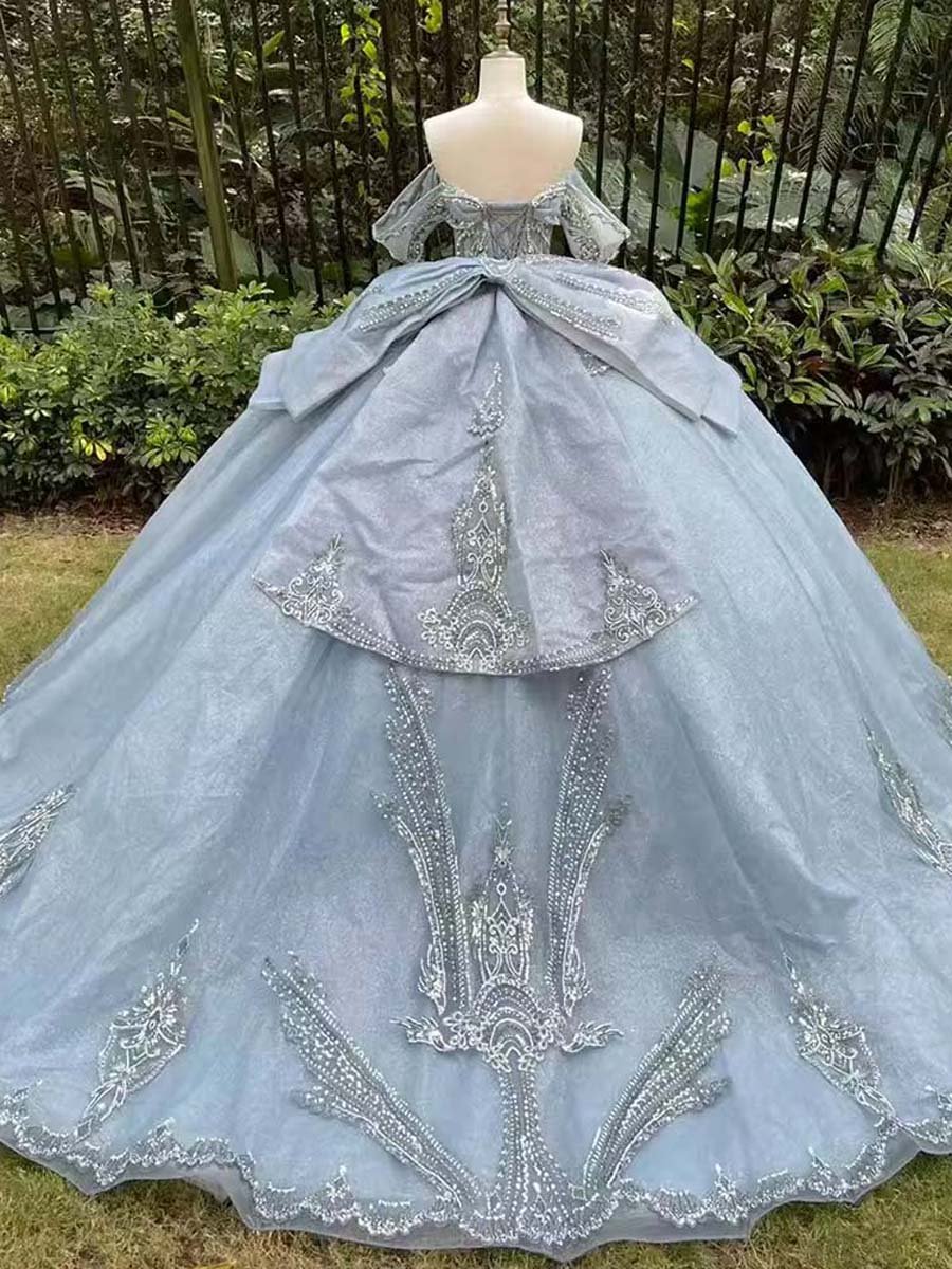 Sparkling Dusty Blue Quinceanera Dress Off Shoulder Glitter Beaded Ball Gown Sweet Fifteen Party - Image 2