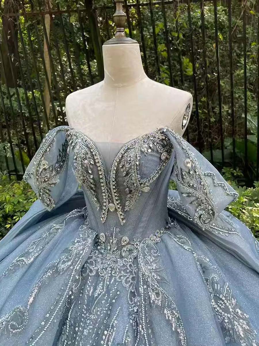Sparkling Dusty Blue Quinceanera Dress Off Shoulder Glitter Beaded Ball Gown Sweet Fifteen Party - Image 3