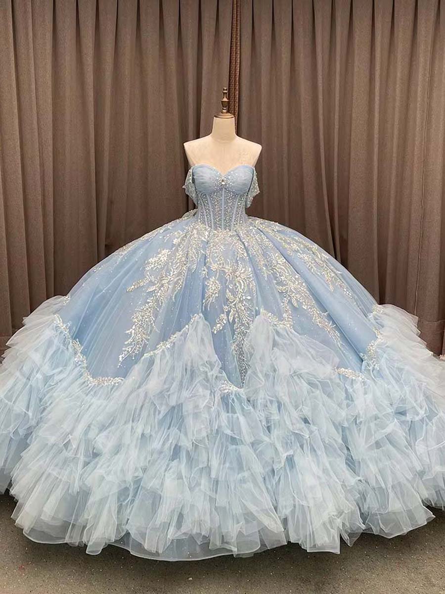 Embellished Sky Blue Sweetheart Ball Gown Off Shoulder Corset Back Ruffled Princess Quinceanera Dress