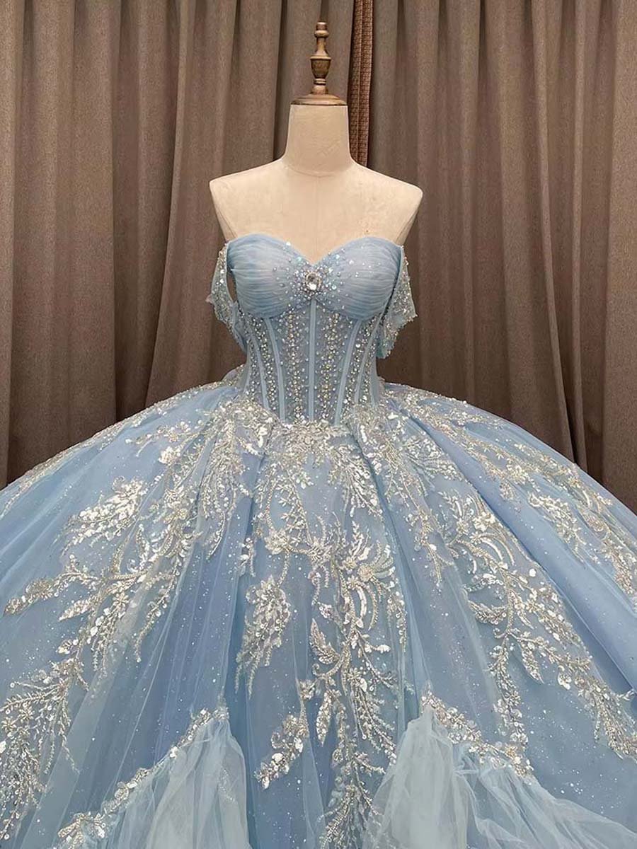 Embellished Sky Blue Sweetheart Ball Gown Off Shoulder Corset Back Ruffled Princess Quinceanera Dress - Image 3