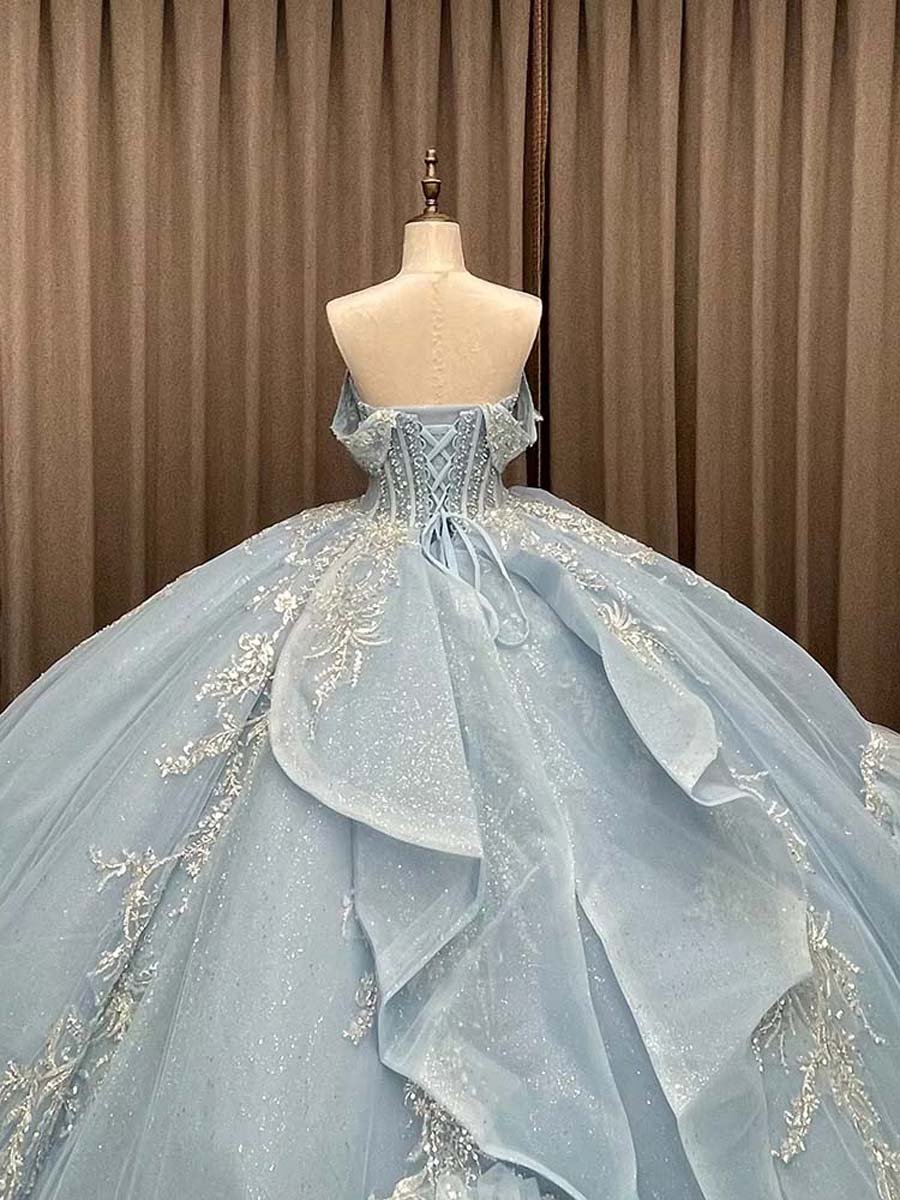 Embellished Sky Blue Sweetheart Ball Gown Off Shoulder Corset Back Ruffled Princess Quinceanera Dress - Image 4