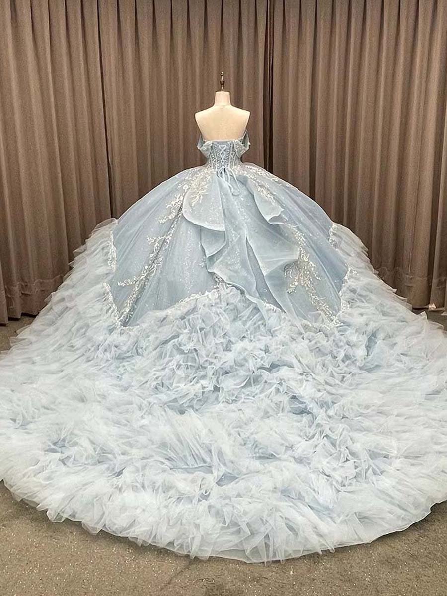 Embellished Sky Blue Sweetheart Ball Gown Off Shoulder Corset Back Ruffled Princess Quinceanera Dress - Image 2