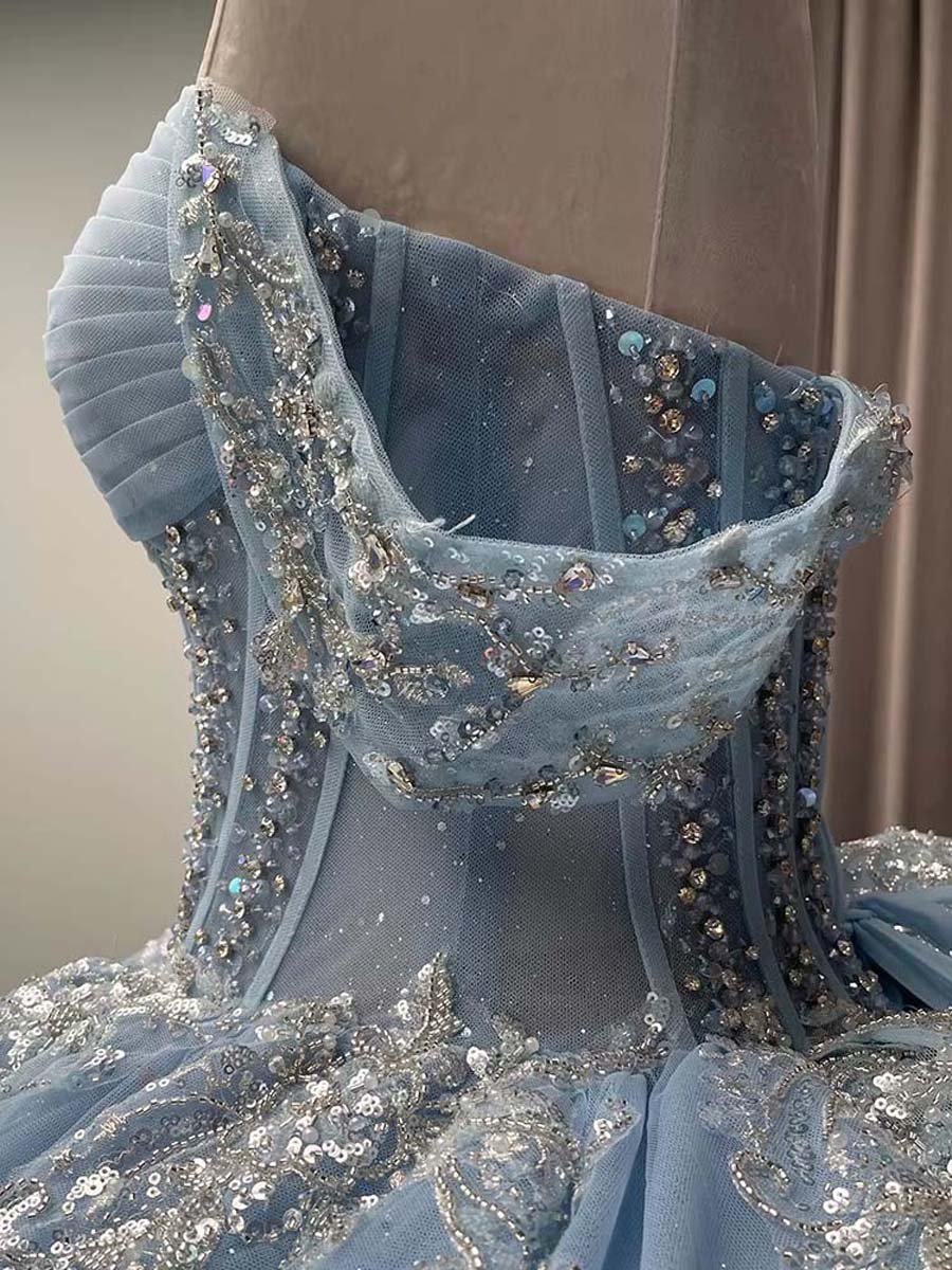 Embellished Sky Blue Sweetheart Ball Gown Off Shoulder Corset Back Ruffled Princess Quinceanera Dress - Image 6