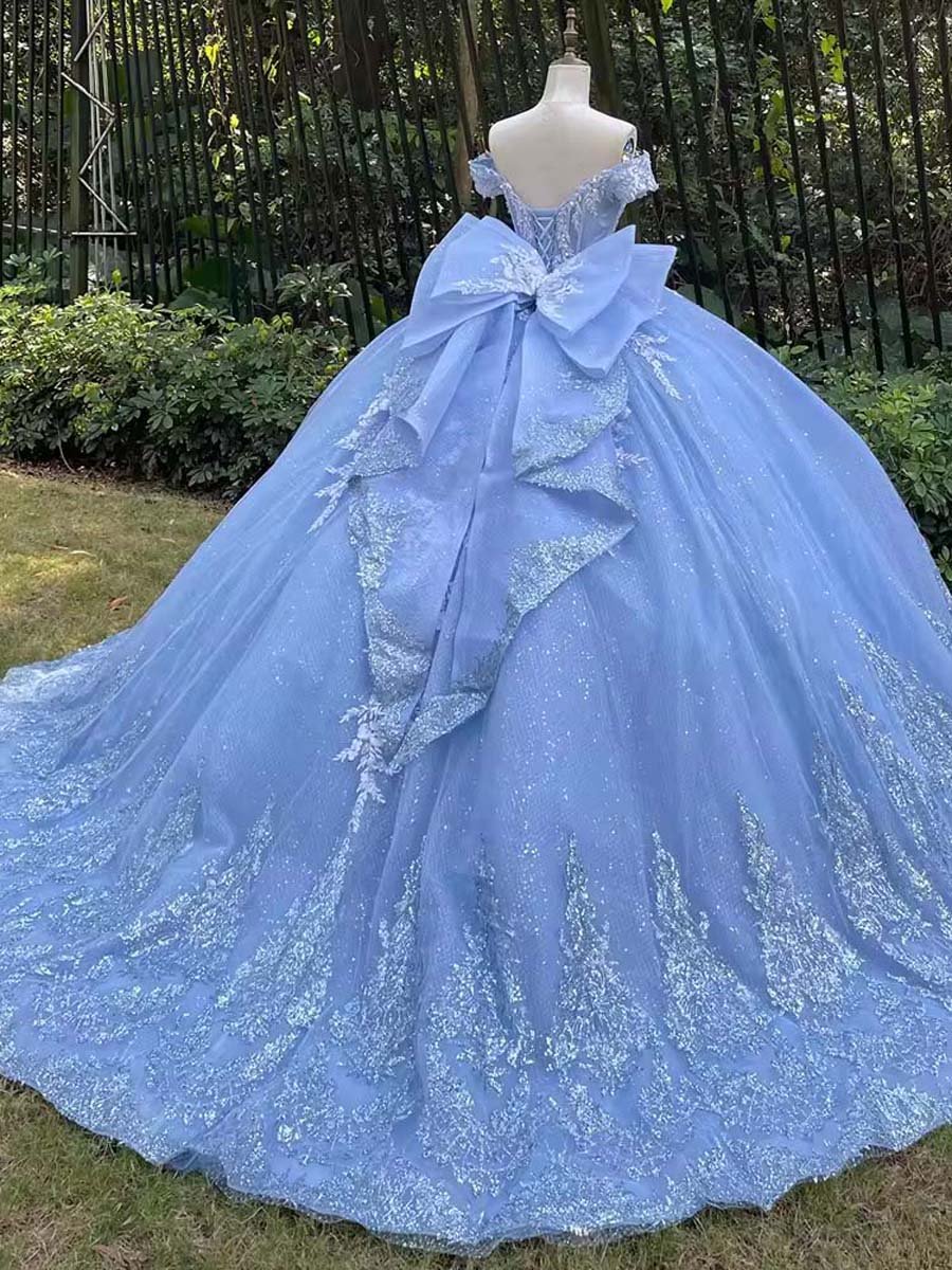 Enchanting Light Blue Quinceanera Dress Off Shoulder Glitter Appliques Bow Detail Ball Gown Long Train Cinderella Dress - Image 2