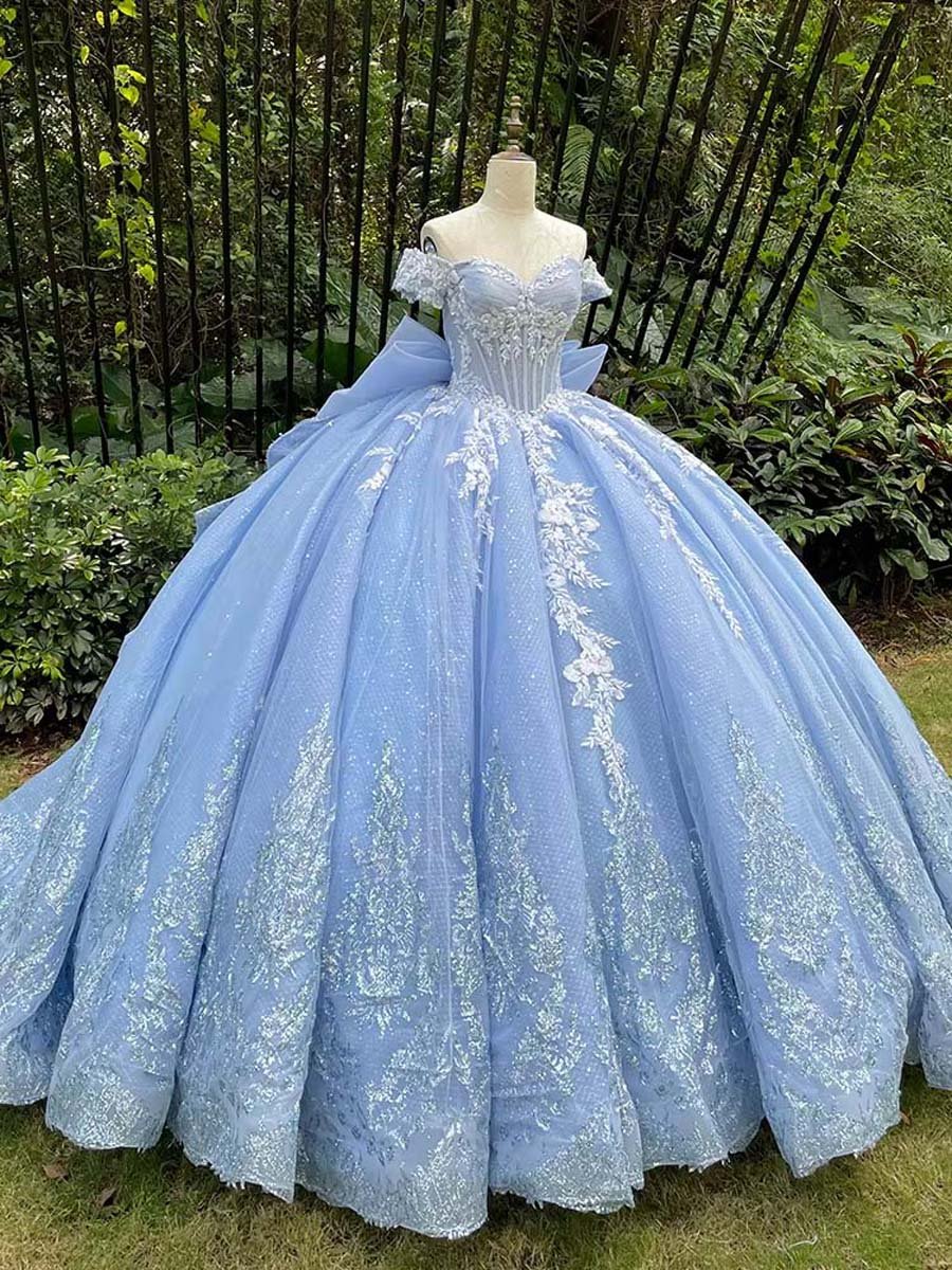 Enchanting Light Blue Quinceanera Dress Off Shoulder Glitter Appliques Bow Detail Ball Gown Long Train Cinderella Dress - Image 6