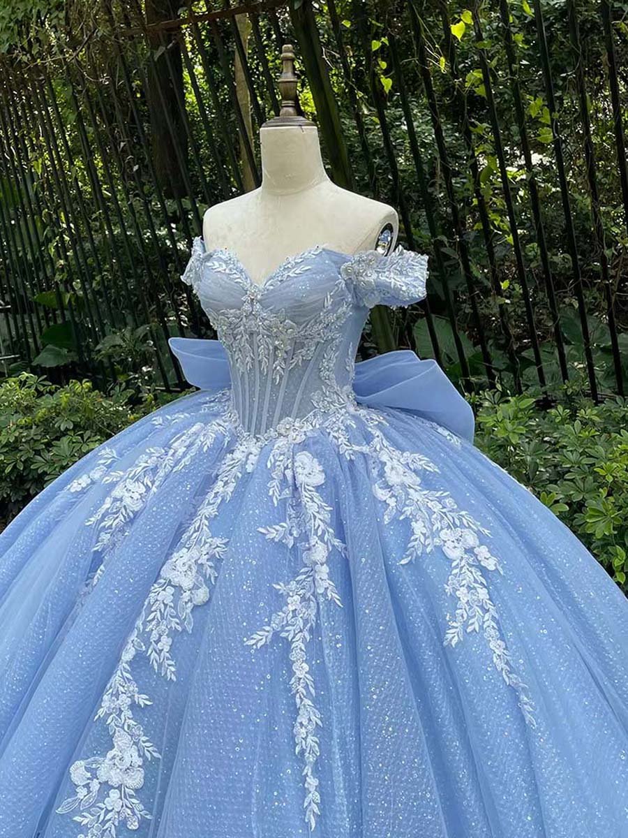 Enchanting Light Blue Quinceanera Dress Off Shoulder Glitter Appliques Bow Detail Ball Gown Long Train Cinderella Dress - Image 3