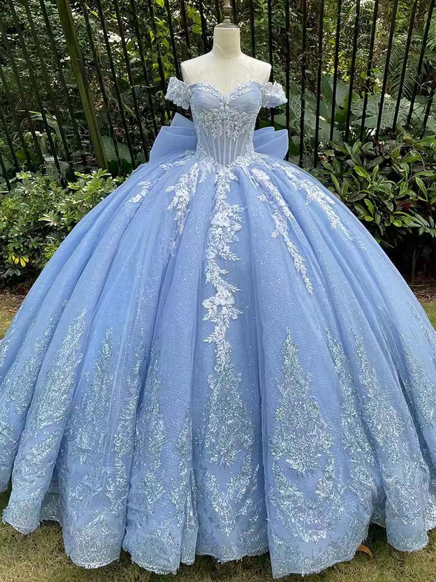 Enchanting Light Blue Quinceanera Dress Off Shoulder Glitter Appliques Bow Detail Ball Gown Long Train Cinderella Dress