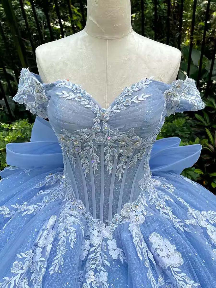 Enchanting Light Blue Quinceanera Dress Off Shoulder Glitter Appliques Bow Detail Ball Gown Long Train Cinderella Dress - Image 5