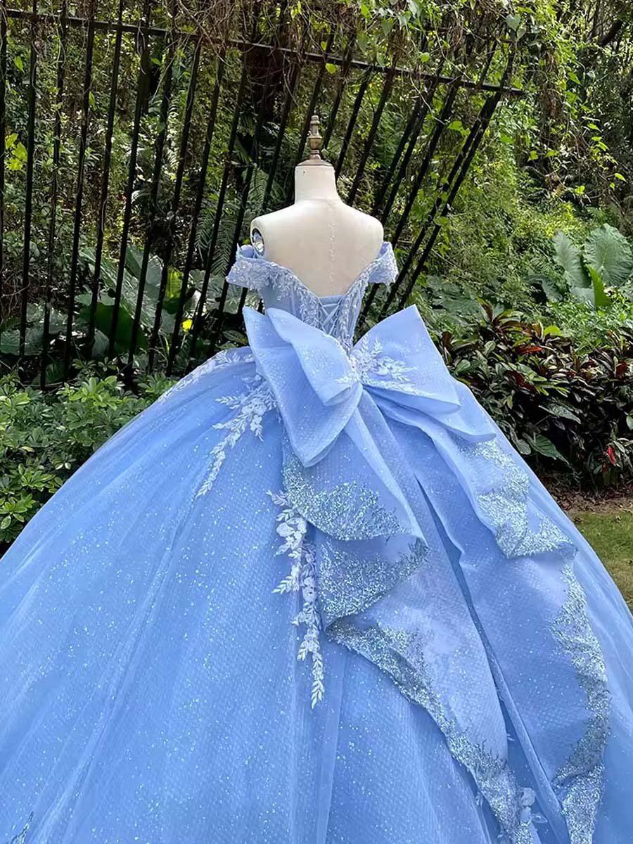 Enchanting Light Blue Quinceanera Dress Off Shoulder Glitter Appliques Bow Detail Ball Gown Long Train Cinderella Dress - Image 4