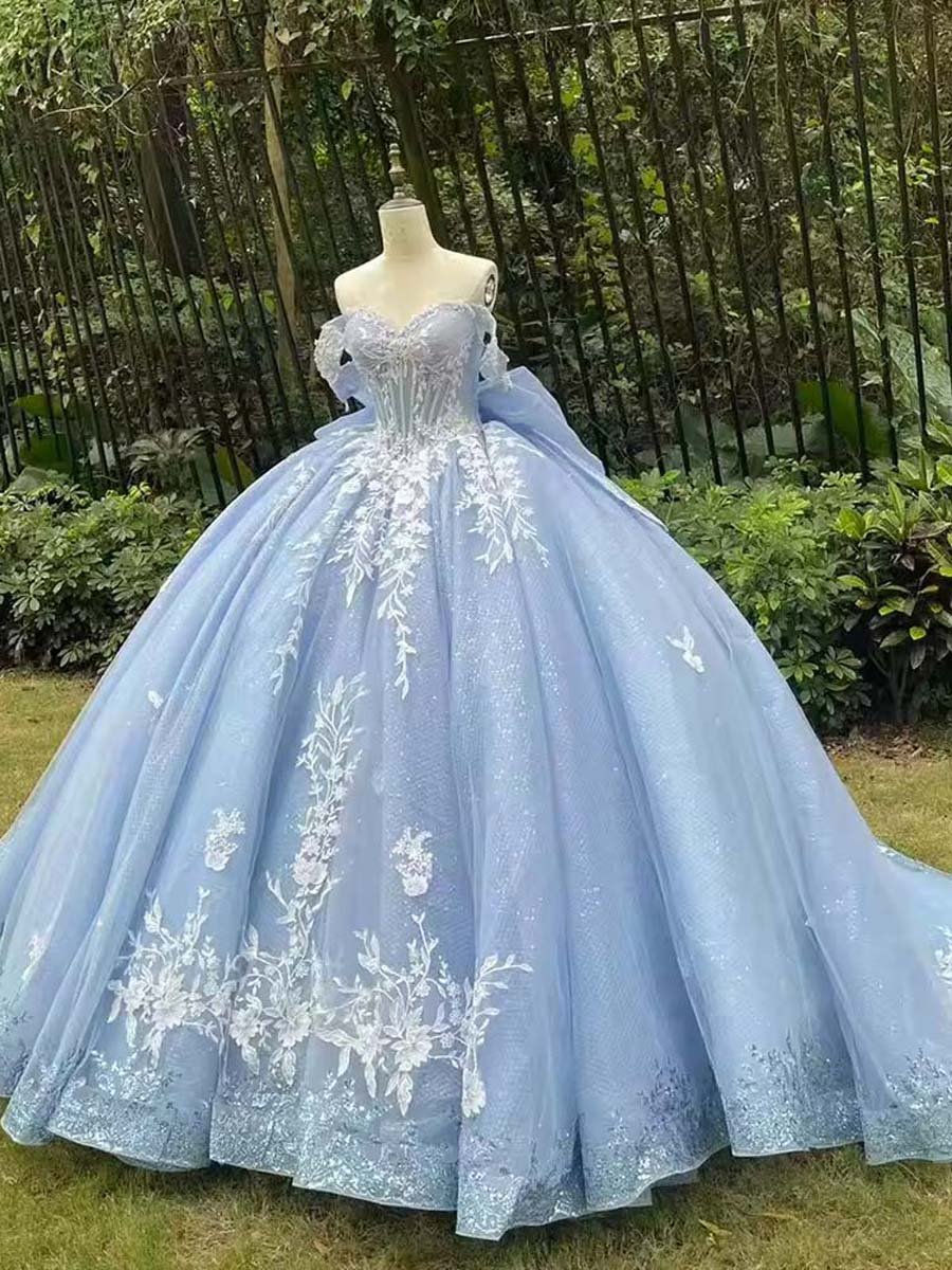 Exquisite Sky Blue Sweetheart Glitter Applique Bow Knot Back Off Shoulder Quinceanera Dress Floor Length Cinderella Dress - Image 5
