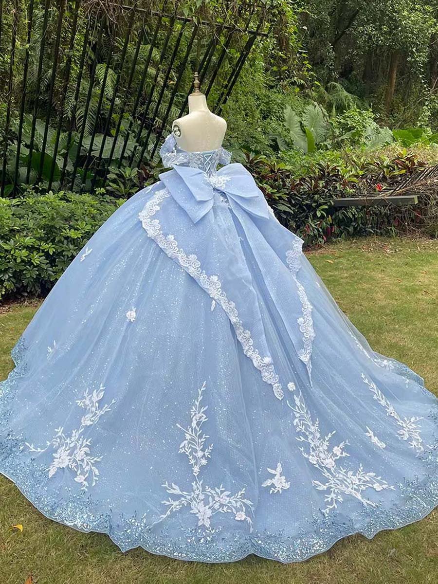 Exquisite Sky Blue Sweetheart Glitter Applique Bow Knot Back Off Shoulder Quinceanera Dress Floor Length Cinderella Dress - Image 2