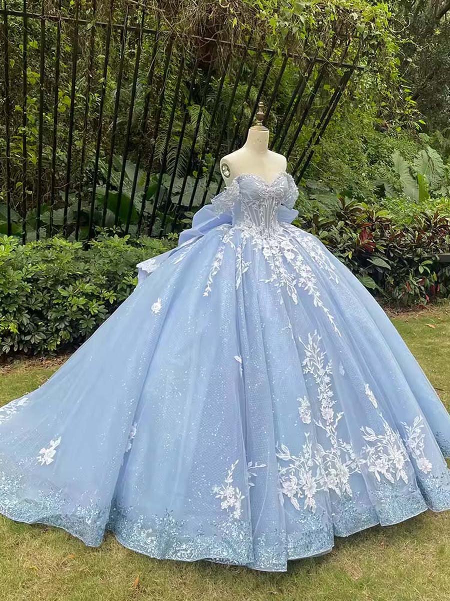 Exquisite Sky Blue Sweetheart Glitter Applique Bow Knot Back Off Shoulder Quinceanera Dress Floor Length Cinderella Dress