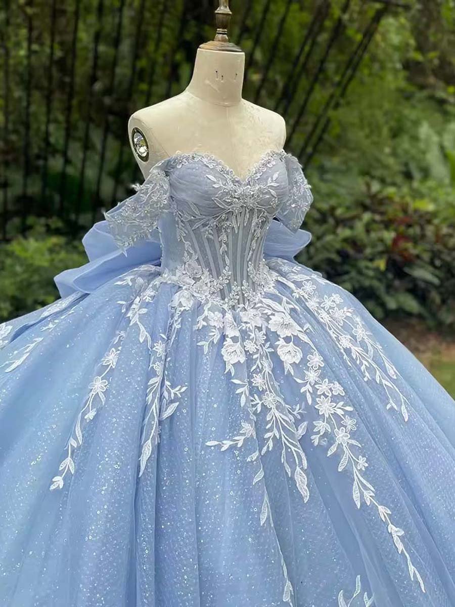 Exquisite Sky Blue Sweetheart Glitter Applique Bow Knot Back Off Shoulder Quinceanera Dress Floor Length Cinderella Dress - Image 3