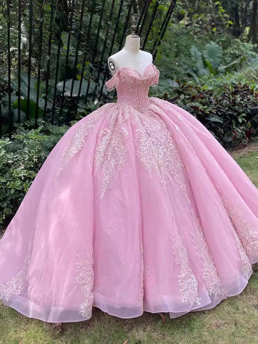 Gorgeous Pink Sweetheart Glitter Applique Corset Back Off Shoulder Quinceanera Dress Floor Length Ball Gown - Image 6