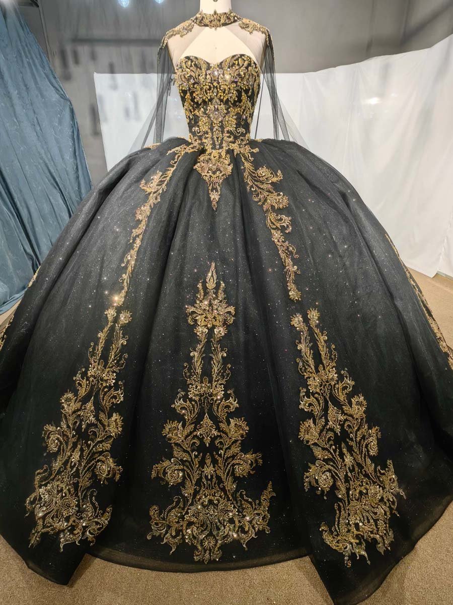 Stunning Black Quinceanera Dress Gold Embroidery Strapless Puffy Gown Royal Masquerade