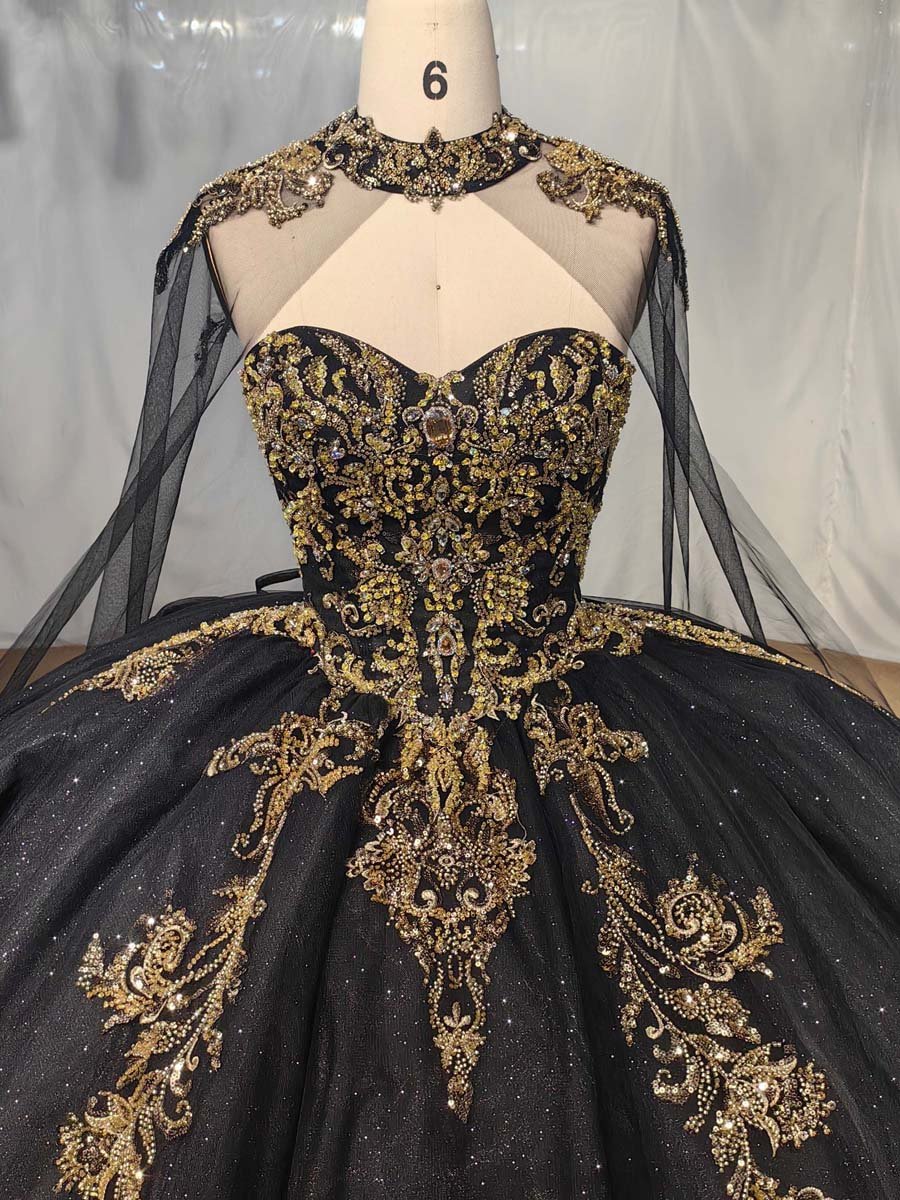 Stunning Black Quinceanera Dress Gold Embroidery Strapless Puffy Gown Royal Masquerade - Image 3