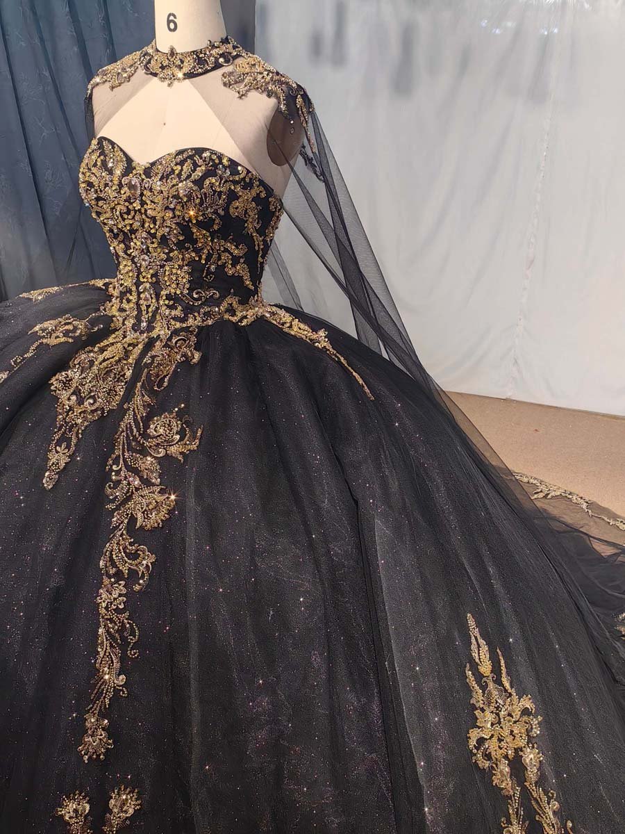 Stunning Black Quinceanera Dress Gold Embroidery Strapless Puffy Gown Royal Masquerade - Image 4
