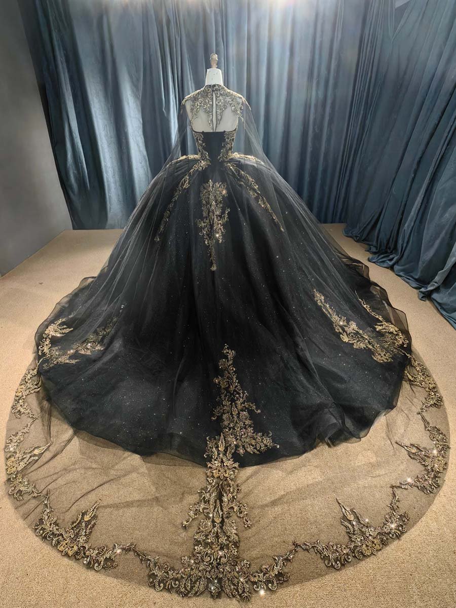 Stunning Black Quinceanera Dress Gold Embroidery Strapless Puffy Gown Royal Masquerade - Image 2