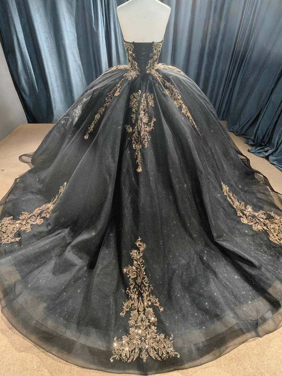 Stunning Black Quinceanera Dress Gold Embroidery Strapless Puffy Gown Royal Masquerade - Image 5
