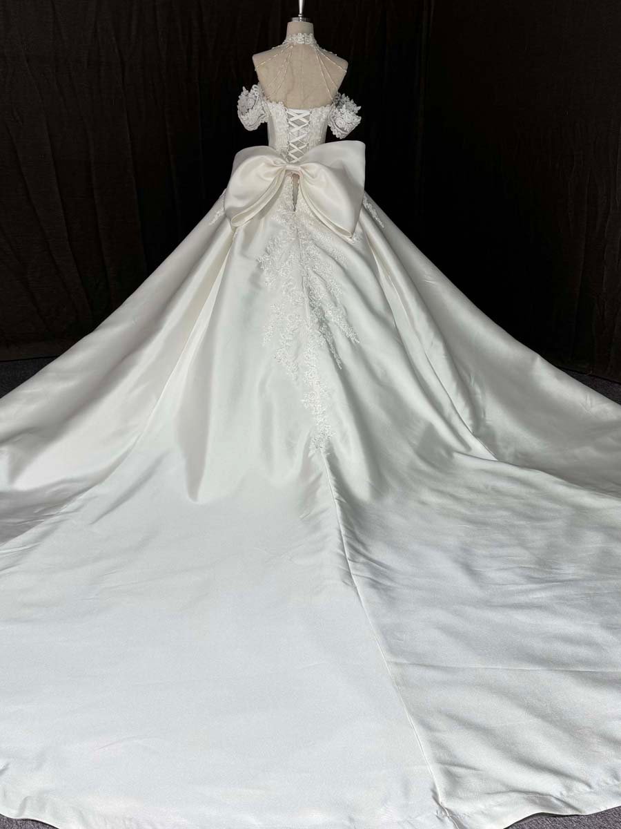 Timeless Ivory Sweetheart Off Shoulder Wedding Dress Bow Applique Lace Ball Gown Royal Train - Image 2