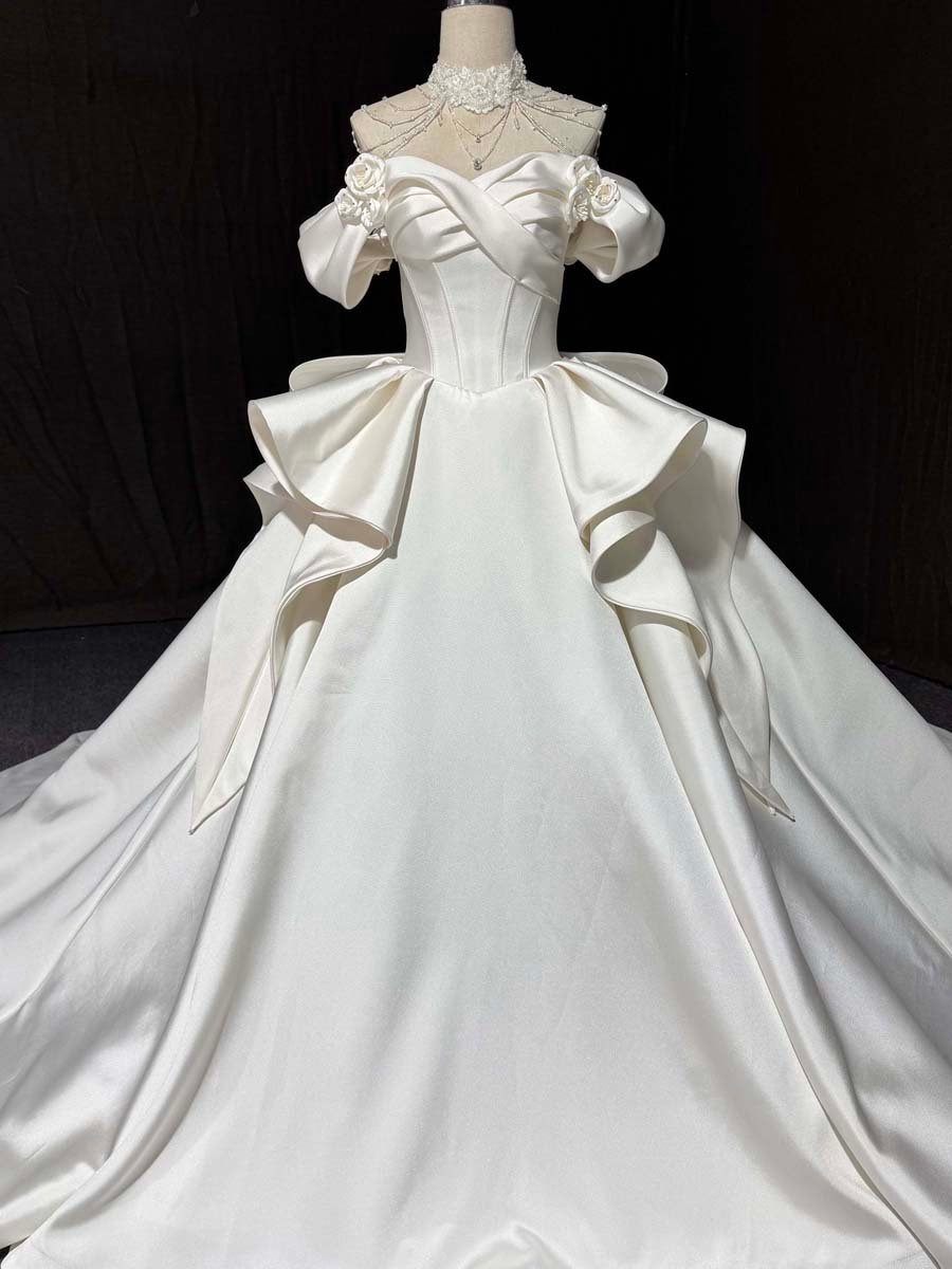 Glamorous Ivory Off Shoulder Sweetheart Wedding Dress Ruffles Bow Back Ball Gown Cathedral Train