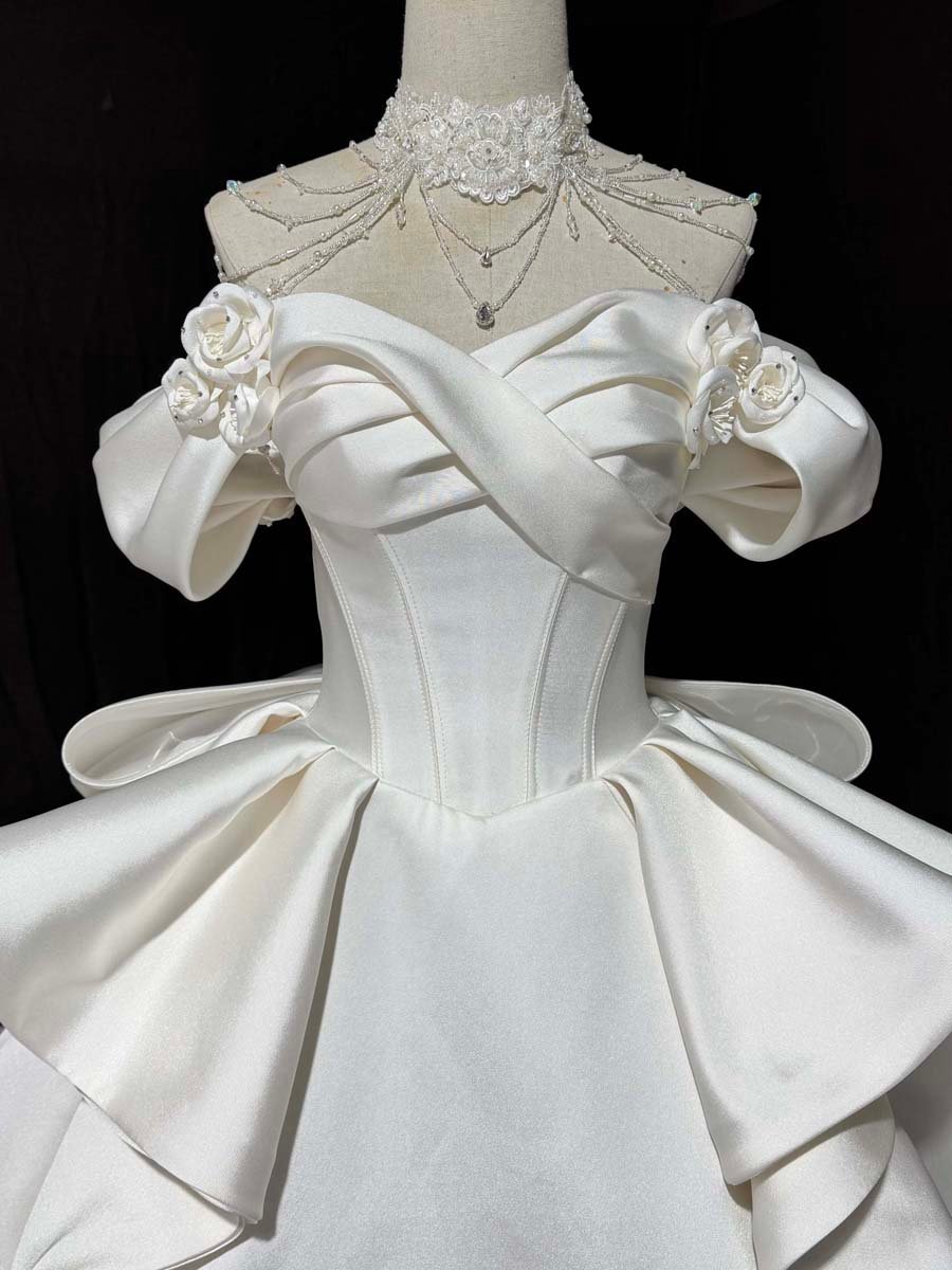 Glamorous Ivory Off Shoulder Sweetheart Wedding Dress Ruffles Bow Back Ball Gown Cathedral Train - Image 3