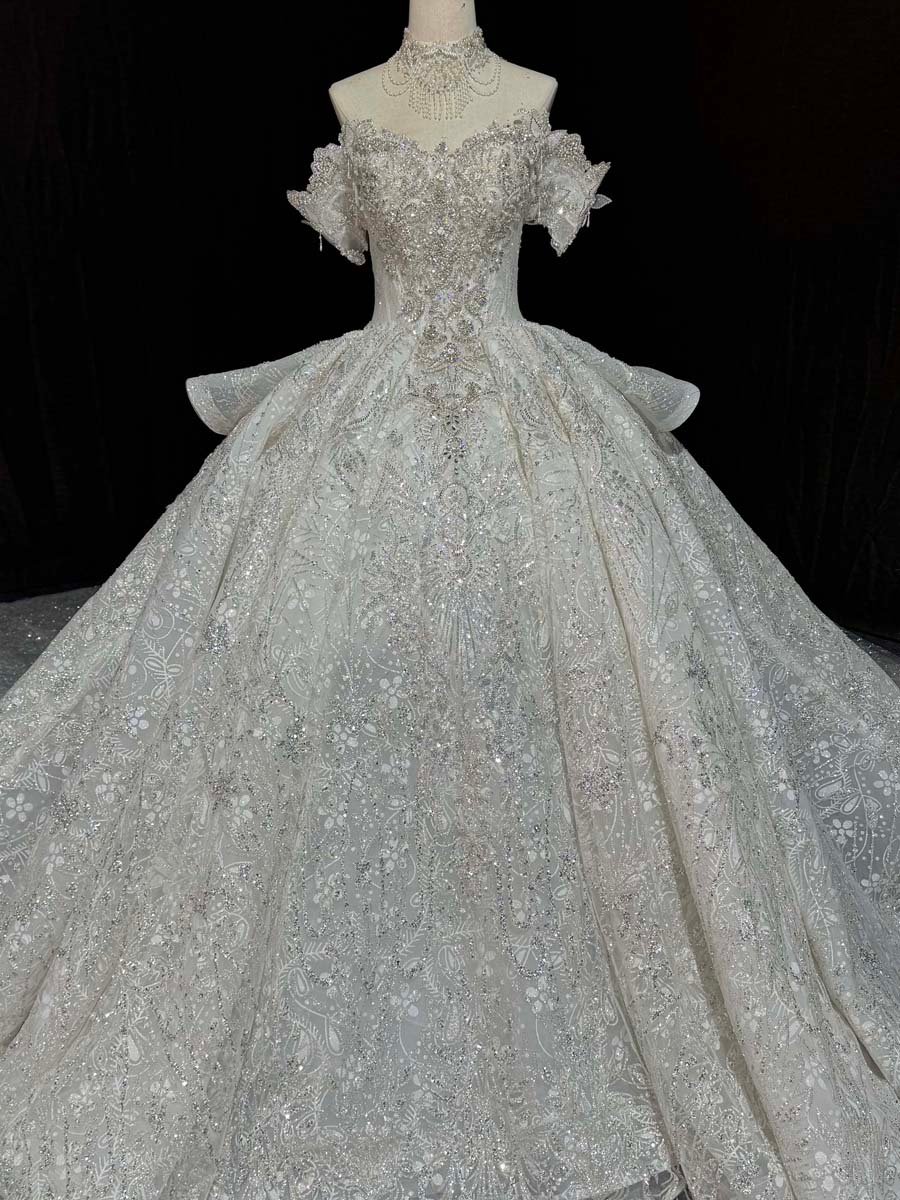 Sparkling Ivory Sequin Off Shoulder Ball Gown Wedding Dress Ruffles Sleeves Long Train Bridal Gown