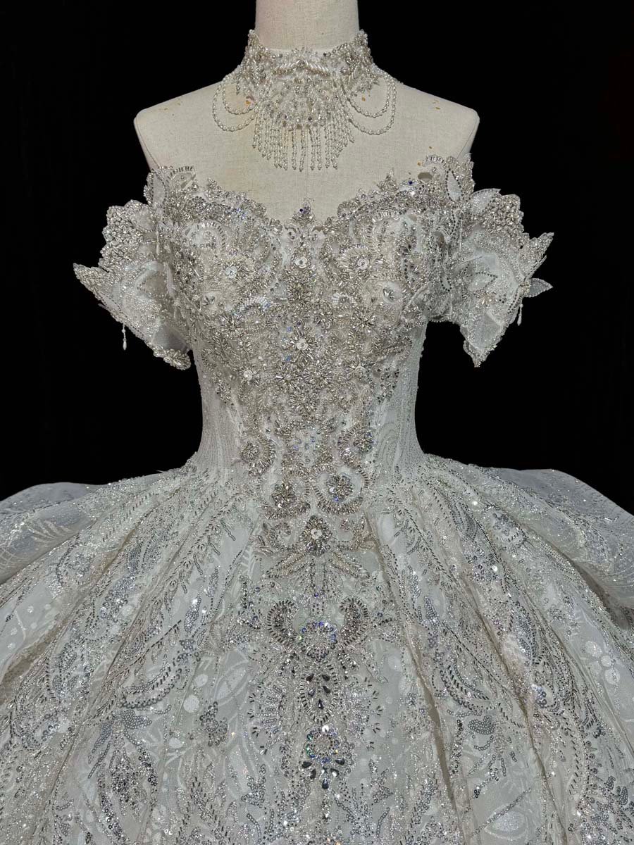 Sparkling Ivory Sequin Off Shoulder Ball Gown Wedding Dress Ruffles Sleeves Long Train Bridal Gown - Image 3